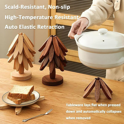 Wooden Tree Trivets,Trivets for Hot Dishes, Tree Coasters | Set of 5 with Stand, Foldable Kitchen Trivets 1 Stand like a Christmas Tree Trivets for Pots, Pans, Bowls & Teapots5