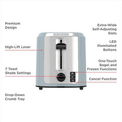 BLACK+DECKER 2-Slice Toaster with Extra-Wide Slots, Surf Spray | Extra-Wide Toaster with 7 Shade Settings, Bagel Mode, Frozen Function and Removable Crumb Tray.8