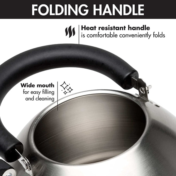 Stewart Whistling Tea Kettle for Stovetop, Stainless Steel Stove Top Kettle with Fast Boil Whistling Spout and Cool Touch Folding Handle, 1.5-Quart, Brushed Silver with Black Handle7