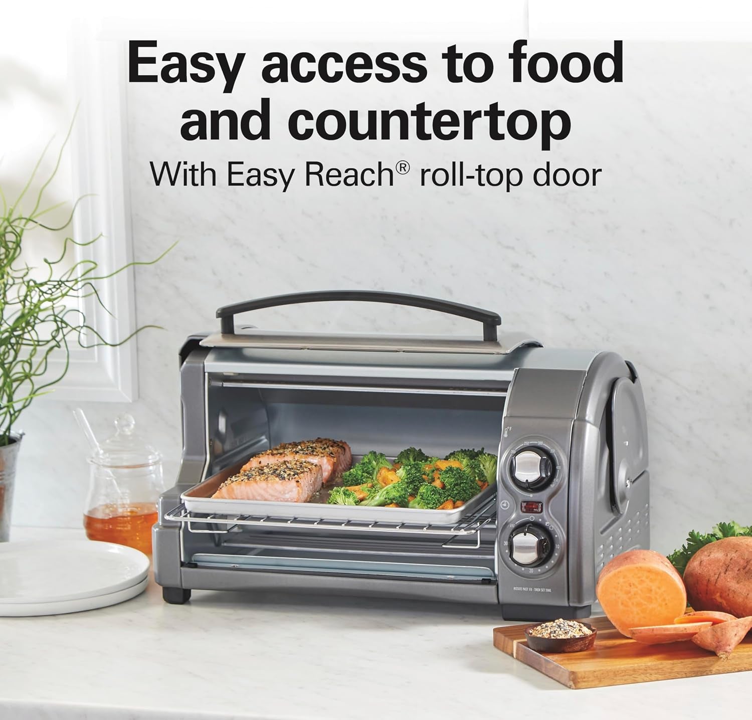 easy-reach-4-slice-countertop-toaster-oven-roll-top-door-for-easy-access-bake-broil-toast-functions-200-to-450ºf-adjustable-temp-auto-shutoff-silver