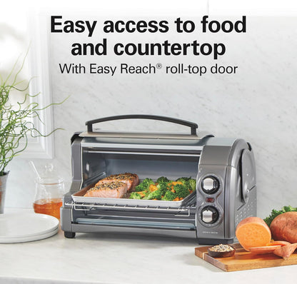 Easy Reach 4 Slice Countertop Toaster Oven | Roll-Top Door for Easy Access | Bake, Broil & Toast Functions | 200 to 450ºf Adjustable Temp | Auto Shutoff | Silver2