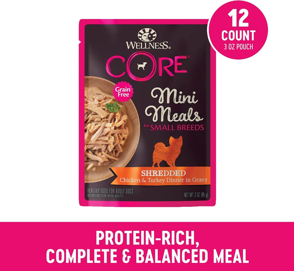 Wellness CORE Small Breed Mini Meals Shredded in Gravy Adult Wet Dog Food, Grain Free, Natural, Chicken and Turkey Dinner Recipe, 3 Oz, Pack of 12 Pouches2