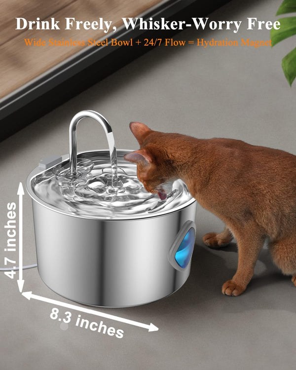 Cat Water Fountain Stainless Steel [3.2L/108Oz] Large Capacity Automatic Water Dispenser for Cats Indoor with 3 Filters Kit, LED Water Level Window, Easy to Clean, Ideal for Cats Dogs Multi-Pet Home6