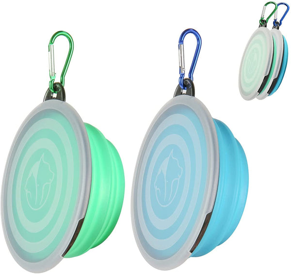 SLSON Collapsible Bowl with Cover Lids,2 Pack Dog Travel Bowls Portable Foldable Cat Water Dish Bowl for Pets Walking Parking Camping (Light Blue and Green, Small)1