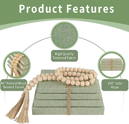 Linen Decorative Books for Home with Wood Beaded Tassel, 4-Piece Sage Set | Coffee Table Books, Neutral Linen Decor, Rustic Farmhouse Boho Accent, Bookshelf Fireplace Mantel Living Room Display6