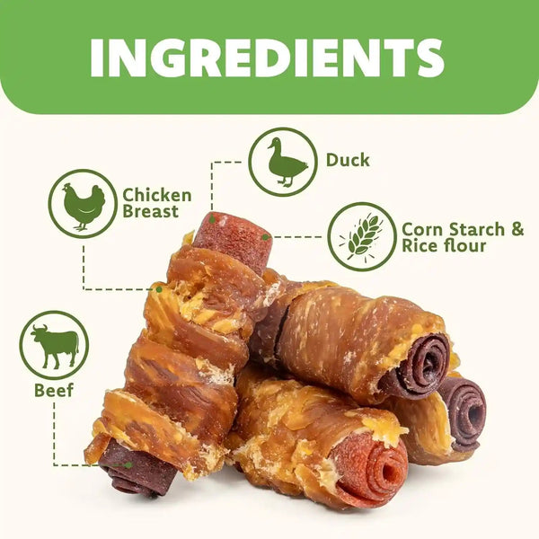 MON2SUN Dog Treats, 3 Inch Rawhide-Free Chicken, Duck & Beef Rolls,21.16 Oz | Easy-To-Digest Texture, Suitable for Small Dogs, Daily Reward Use, Made with Real Meat4
