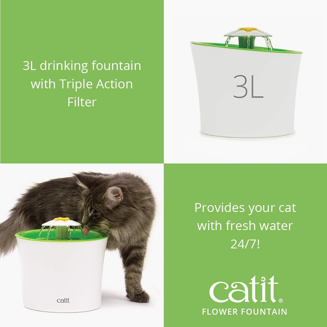 catit-flower-fountain-with-triple-action-filter-cat-drinking-water-fountain-3-l-green-cat-drinking-water-fountain