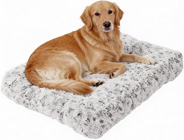 Orthopedic Dog Bed for Dogs, Calming Plush Dog Mat with Thick Cushion Support, Washable Fluffy Pet Bed with Non-Slip Bottom, Soft Indoor Dog Crate Bed (Gray, 41.0" L X 27.0" W X 4.0" Th)1