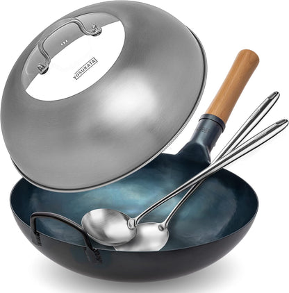 Flat Bottom Wok Pan - 13.5" Blue Carbon Steel Wok + 17’’ Spatula and Ladle - Set of 2 Heat-Resistant Tools + Wok Lid 12.8 Inch1