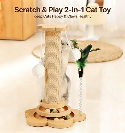 Cat Scratching Post, Cat Scratchers for Indoor Cats Natural Sisal Scratcher with 2-Level Trackball & 2 Hanging Balls, Sturdy Cat Scratching Post 4-In-1 Interactive Kitten Toy for Indoor Cats3