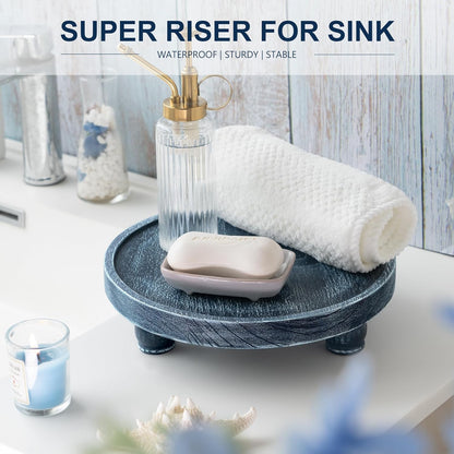 round Wood Riser for Kitchen Counter, Bathroom Decorative Tray, Blue | 10"Display Stand, Non-Slip Mat, Ideal Soap Holder, Vanity Organizer, Blue Bathroom Decor, Blue Bathroom Accessories5