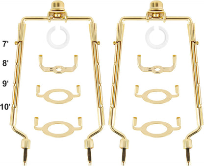 2 Pack  7 8 9 10 Inch Lamp Shade Harp Holder,Adjustable Lamp Harp Kit,Fit 3/8 IP Standard,E14,E26,E27 Light Base UNO Fitter Adapter,Golden Horn Frame Lampshade Bracket (Golden)1