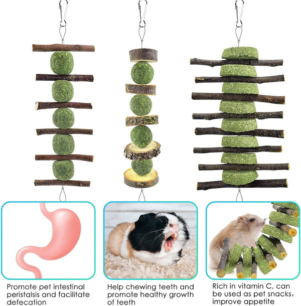 ERKOON Bunny Chew Toys, Rabbit Chew Toys for Teeth Grinding, Improve Dental Health, 100% Natural Apple Wood Timothy Grass Cake Treats for Rabbits Guinea Pigs Chinchillas Bunnies Hamsters (3 Pcs)3