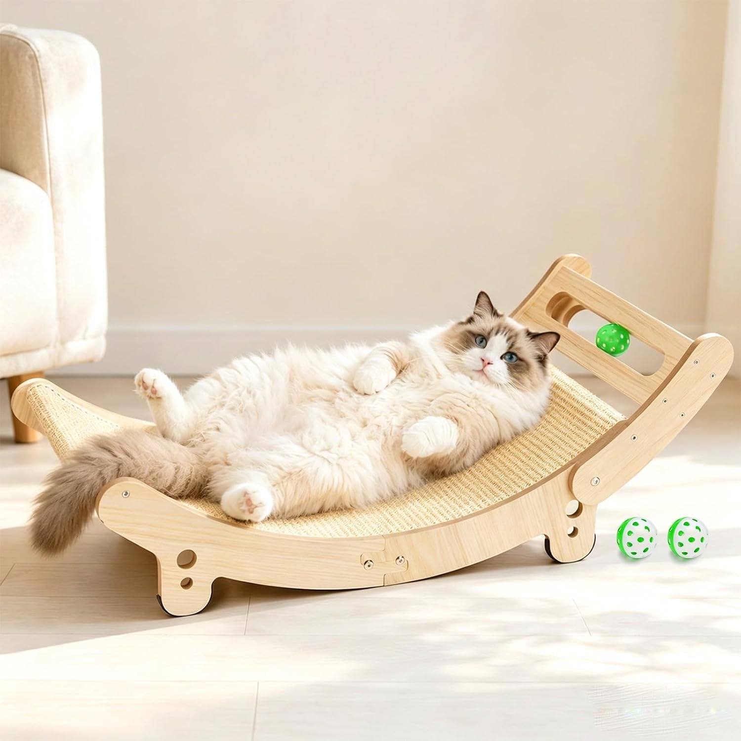 31-5-sisal-cat-scratcher-bed-with-bell-balls-wooden-cat-furniturexxl-cat-scratching-post-for-indoor-cats-hammock-natural-sisal-cat-scratch-anti-slip-and-stable-without-shaking-easy-to-install