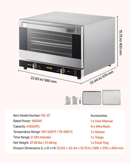Commercial Convection Oven, 47L/43Qt, Half-Size Conventional Oven Countertop, 1600W 4-Tier Toaster W/Front Glass Door, Electric Baking Oven W/Trays Wire Racks Clip Gloves, 120V | for Restaurant Bakery, 1600W 4-Tier Countertop Electric Toaster, with Front Glass Door, Trays, Wire Racks, Clip Gloves, 120V7
