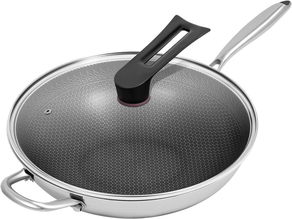 13.4 Inch Skillet Nonstick, 316 Stainless Steel Nonstick Wok Pan with Lid-Honeycomb Stir-Fry Skillet, Stir-Fry Wok with Lid Suitable for Gas Stoves, Induction Cookers and Ceramic Stove1