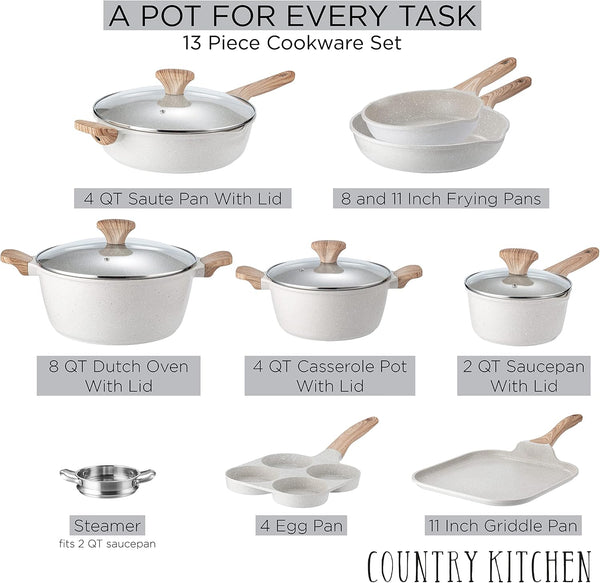 Non-Stick Cast Aluminum Cookware Set - Durable Kitchen Cookware for Everyday Cooking, Cream, 13 Pc.2