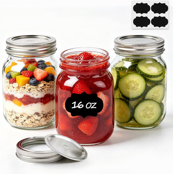 Regular Mouth Mason Jars 16 Oz with Lids, 3 Pack Canning Jars | Airtight Safety-Button Lids, Food Grade Pint Size Jars, Freezer Safe Glass, Incl. 4 Chalkboard Labels, Bpa-Free Material1