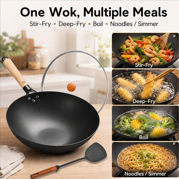 12.6 Inch Carbon Steel Wok Pan with Glass Lid and Spatula, Nitrided Flat Bottom Wok Set, Uncoated Stir Fry Pan for 2-4 Servings, Gas, Electric, Ceramic and Induction Cooktops6
