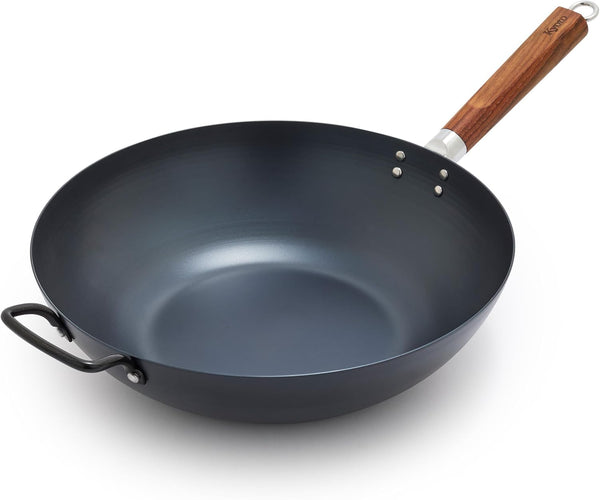 Carbon Steel Wok 14”, Flat Bottom, Durable Stir-Fry Pan, Pre-Seasoned Ready to Use, High Heat Retention, Induction, Ash Wood Handle, Kyoto, Black1