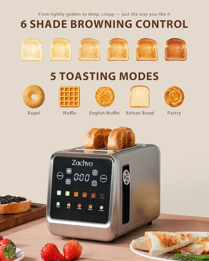 2 Slice Touchscreen Toaster with Digital Countdown & Bagel Mode | 1.5" Wide Slots, Single-Side Toasting, Bread, Waffle & Muffin Presets, Memory, 6 Shade Settings, Defrost & Reheat4