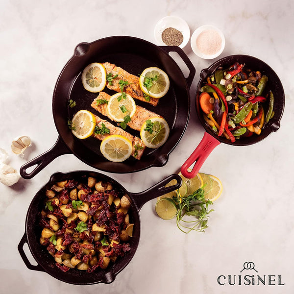 Cast Iron Skillet Set - 8" + 10" + 12"-Inch Pre-Seasoned Frying Pans + Silicone Handle Grip Covers - Indoor/Outdoor, Oven, Grill, Stove, BBQ, Fire, Induction Safe Kitchen and Camping Cookware5