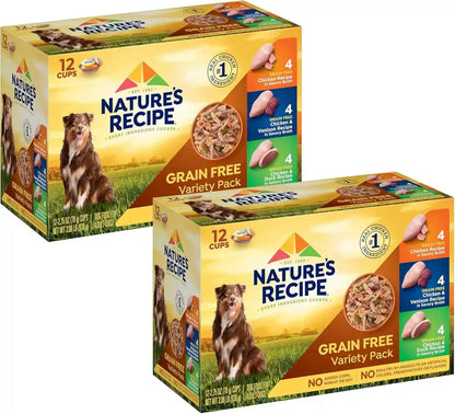 Nature’S Recipe Grain Free Chicken Recipe, Chicken & Venison Recipe and Chicken & Duck Recipe in Savory Broth Variety Pack Wet Dog Food, 12-2.75 Oz. Cups, 2 Count1