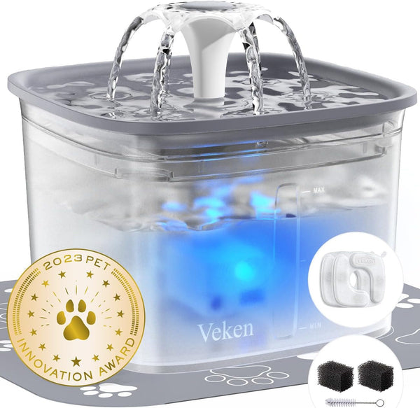 Veken Innovation Award Winner 95Oz/2.8L Cat Water Fountain | Automatic Pet Fountain Dog Water Dispenser with Replacement Filters & Silicone Mat, Gift for Cats, Dogs, Multiple Pets (Grey)10