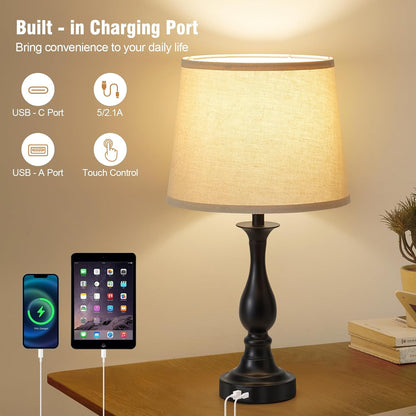 Bedside Table Lamp Touch Control Bedroom Lamps with USB a and C Charging Port 3 Way Dimmable Touch Lamps for Nightstand Living Room Bedroom Dorm Home Office Reading, Set of 27