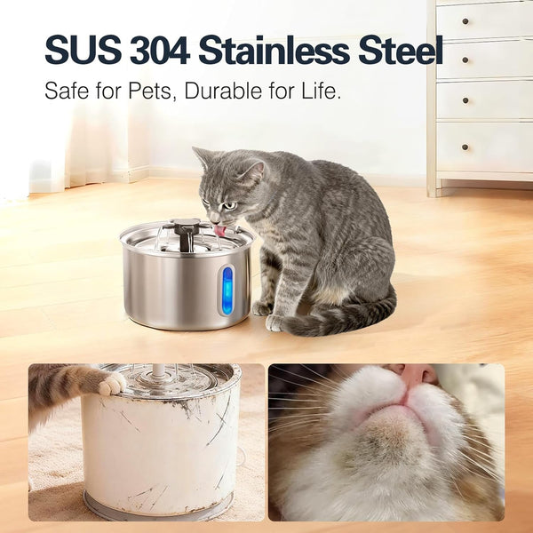 3L/101Oz Stainless Steel Cat Water Fountain for Indoor Use - Ultra Quiet Automatic Cat Fountain for Drinking, Bpa-Free Pet Water Dispenser for Cats/Small Dogs LED Window (2 Filters 2 Sponges)2