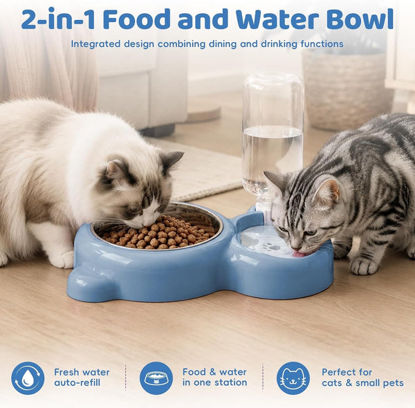 2-In-1 Dog Cat Food and Water Bowl Set with Auto-Water Dispenser, Blue | Anti-Slip & Splash Design, Easy to Clean, Stainless Steel Bowl and Safe PP Material, Suitable for Puppies and Cats2