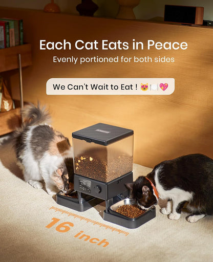 Oneisall Automatic Cat Feeder for 2 Cats Pets, Timed Cat Food Dispenser | 20 Cups/5L, Prevent Fighting, Precise Portion, Balanced Dispense, Non-Slip & Stable, Voice Recorder, Stainless Steel Bowls2