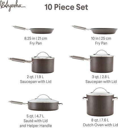 Curry Kitchenware Professional Hard Anodized Nonstick Cookware Pots and Pans Set, 10 Piece, Charcoal2
