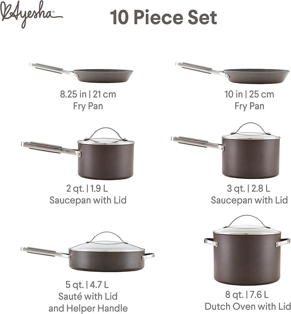 Curry Kitchenware Professional Hard Anodized Nonstick Cookware Pots and Pans Set, 10 Piece, Charcoal2