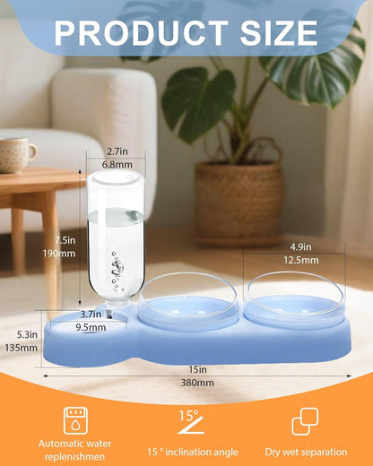 Cat Bowls Set，3 in 1 15°Tilt Water Feeder Bowls Cat Double Food Bowls with 500Ml Dispensing Bottle for Small & Medium Pets,Lightweight & Easy to Clean2