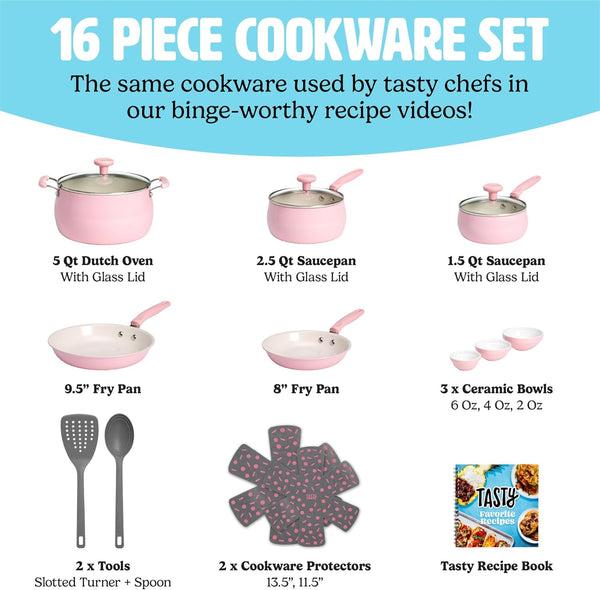 Clean Ceramic Non-Stick Aluminum Cookware Set, Tempered Glass Lid, Dishwasher Safe, 16-Piece, Pink5