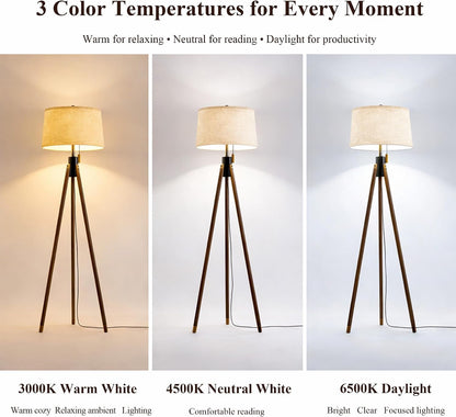 Mid Century Tripod Floor Lamp with Pull Chain,Black & Gold Finish | Two-Tone Solid Wood Design,Linen Tapered Drum Shade,Tall Standing Lamp for Living Room,Bedroom & Reading Corner,Bulb Included8