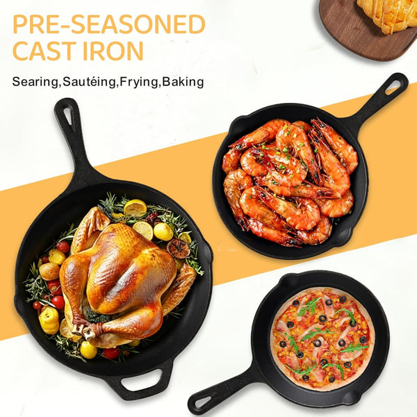 Cast Iron Skillet 3-Piece Set, Heavy-Duty Professional Restaurant Chef Quality Pre-Seasoned Pan Cookware Set, 6", 8", 10" Pans for Frying, Saute, Cooking, Use Indoor/Outdoor, Oven, Grill2