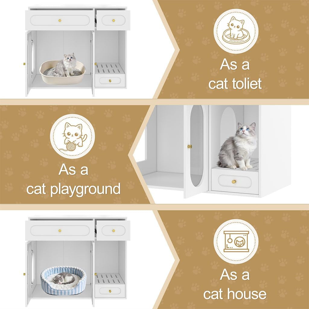 hidden-cat-litter-box-enclosure-furniture-with-led-light-modern-litter-box-cabinet-with-drawers-acrylic-door-multi-entry-cat-house-sideboard-for-living-room-37-4w-x-15-6d-x-31-5h-white
