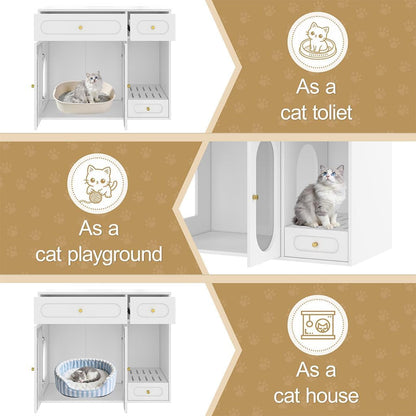 Hidden Cat Litter Box Enclosure Furniture with LED Light, Modern Litter Box Cabinet with Drawers & Acrylic Door, Multi-Entry Cat House Sideboard for Living Room, 37.4"W X 15.6"D X 31.5"H,White3