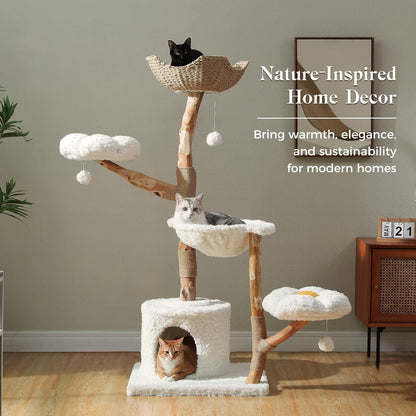 PAWZ Road 59" Modern Cat Tree, Natural Wood Cat Tower for Large Cats White | Wicker Basket Bed&2 Flower Perches for Multi-Cat, Cat Tree Tower with Large Condo&Hammock, Solid Wood Cat Tree House7