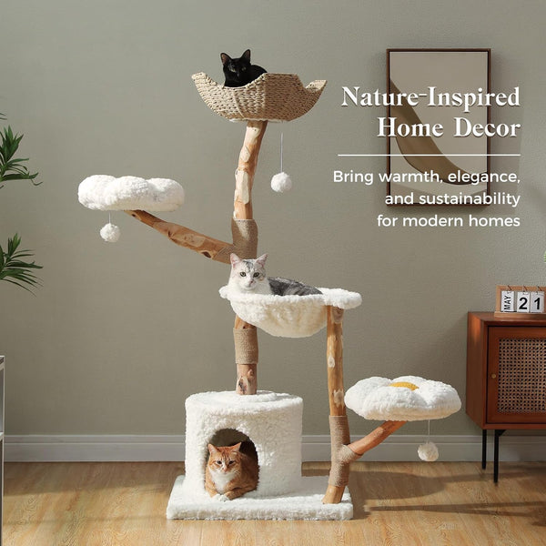 PAWZ Road 59" Modern Cat Tree, Natural Wood Cat Tower for Large Cats White | Wicker Basket Bed&2 Flower Perches for Multi-Cat, Cat Tree Tower with Large Condo&Hammock, Solid Wood Cat Tree House7
