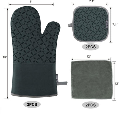 Oven Mitts and Pot Holders 6Pcs Set, Kitchen Oven Glove High Heat Resistant 500 Degree Extra Long Oven Mitts and Potholder with Non-Slip Silicone Surface for Cooking (Deep Green)2