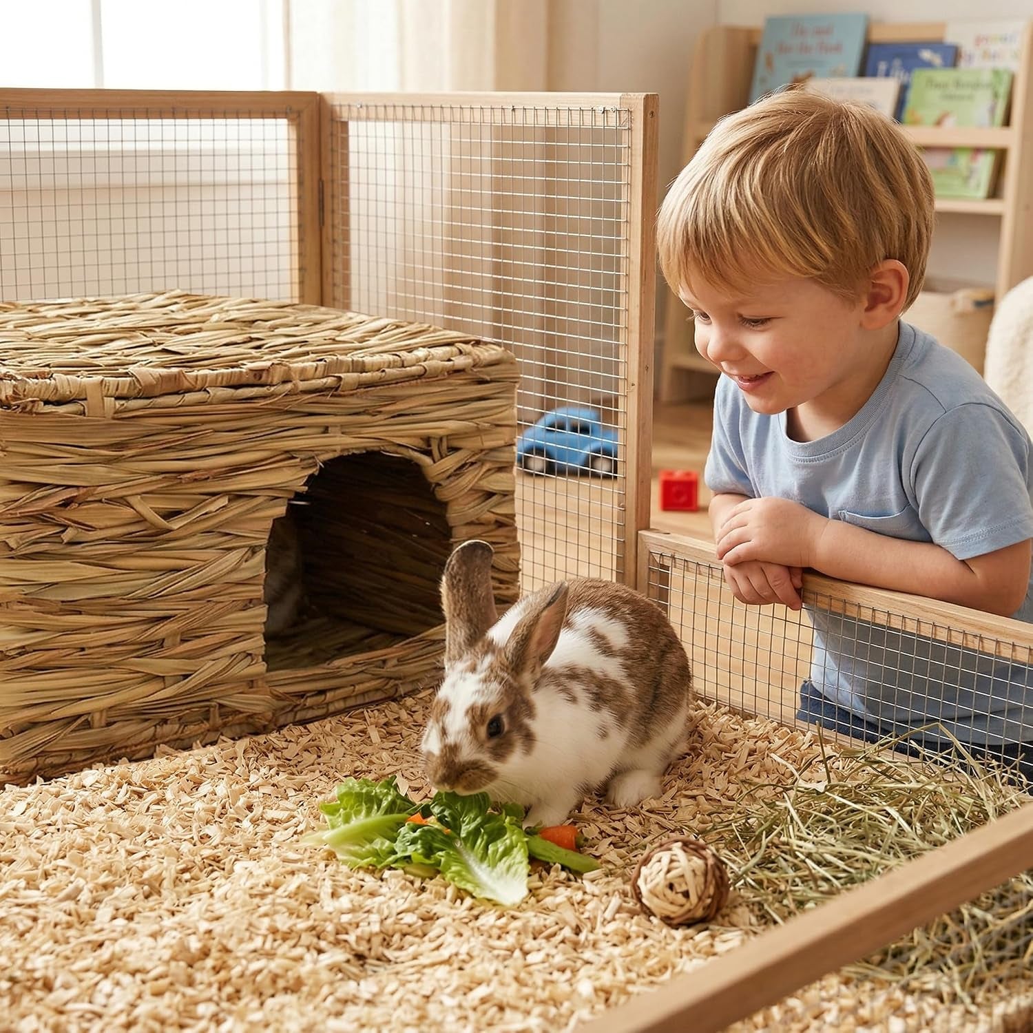 wuweot-2-pack-large-grass-bunny-house-foldable-rabbit-hut-play-hideaway-bed-hay-mat-chew-toy-for-rabbit-guinea-pigs-gerbils-hamster-and-small-animals-11x8x8