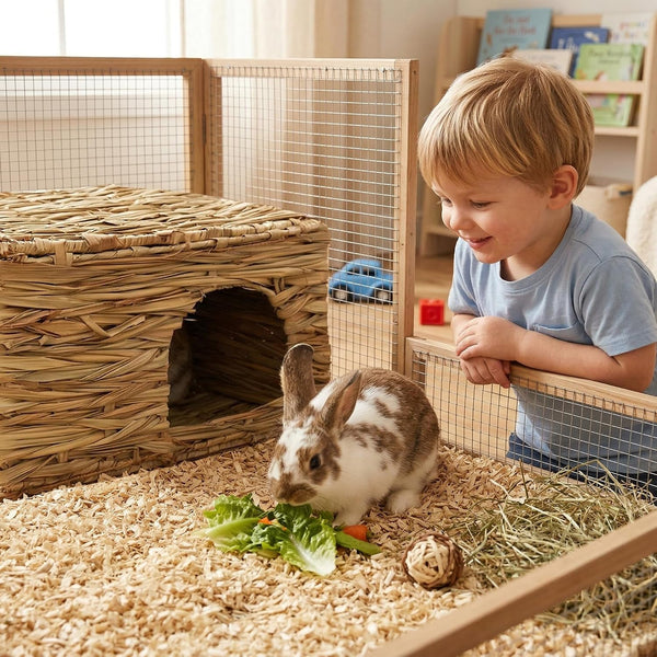 WUWEOT 2 Pack Large Grass Bunny House, Foldable Rabbit Hut, Play Hideaway Bed Hay Mat Chew Toy for Rabbit, Guinea Pigs, Gerbils, Hamster and Small Animals, 11"X8"X8"7