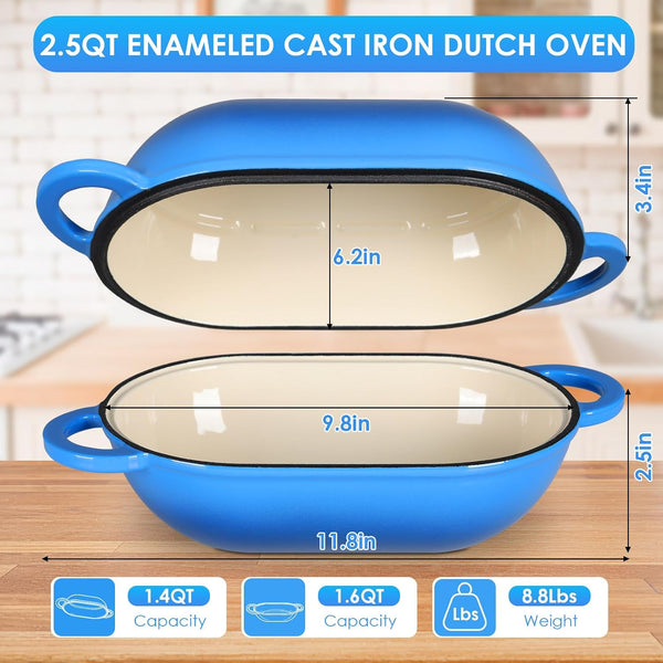 2.5Qt Enameled Cast Iron Dutch Oven for Sourdough Bread Baking, Oven Safe Dutch Oven Pot with Lid, Non-Stick Bread Oven Pot, Blue2