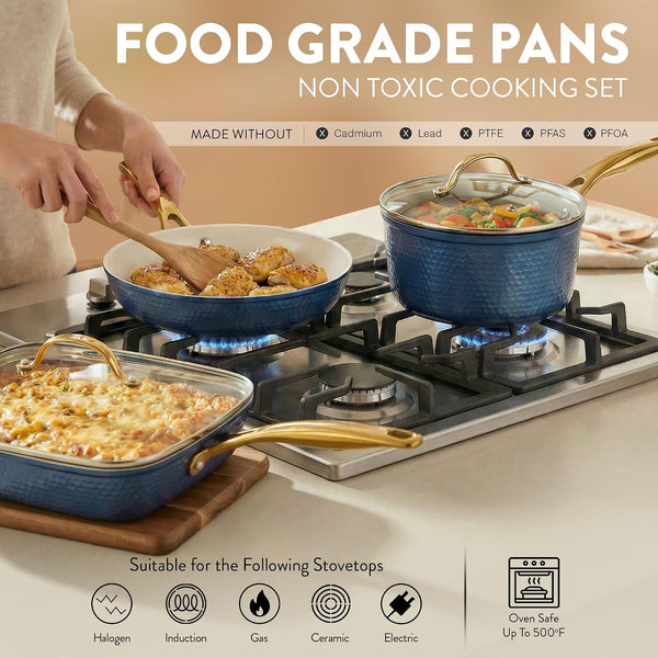Hammered 20Pcs Ceramic Cookware Set, Induction Pots and Pans Set Non Stick with Deep Fry Pan, Steamer, & Bakeware, Non Toxic PFOA PFOS Free, Oven & Dishwasher Safe3