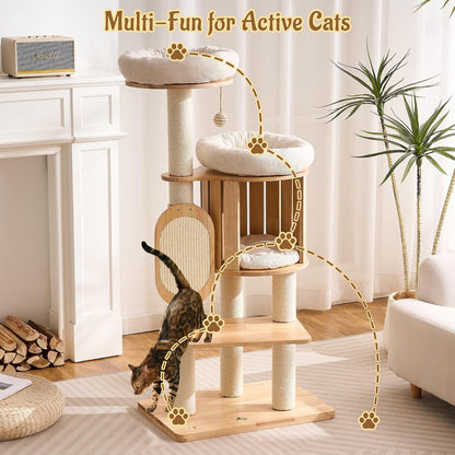 50" Modern Cat Tree for Indoor Cats Small to Medium, Solid Wood Cat Tower with Sisal Scratching Posts, Cat Scratcher Cardboard, Cozy Cat Beds & Hidden Cat Condo, Multi-Level Cat Furniture8