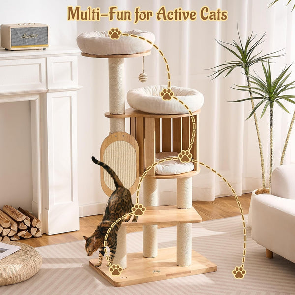 50" Modern Cat Tree for Indoor Cats Small to Medium, Solid Wood Cat Tower with Sisal Scratching Posts, Cat Scratcher Cardboard, Cozy Cat Beds & Hidden Cat Condo, Multi-Level Cat Furniture8