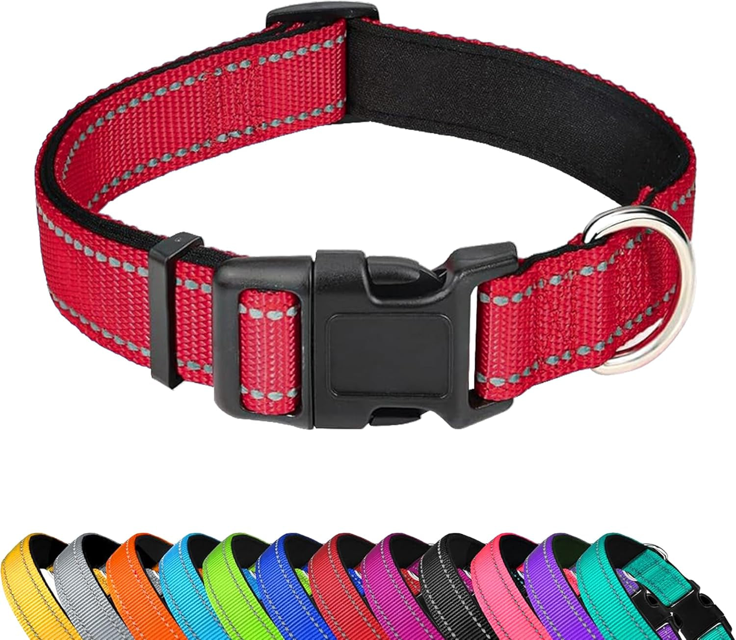 reflective-dog-collar-adjustable-soft-neoprene-padded-teal-m-breathable-nylon-for-medium-dogs-tear-resistant-webbing-chafe-free-on-walks-and-hikes-metal-d-ring-night-safety
